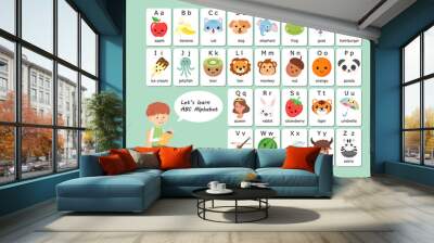 Kawaii English vocabulary and alphabet flash card vector for kids to help learning and education in kindergarten children. Words of letter abc to z ,each card isolated on white background. Wall mural