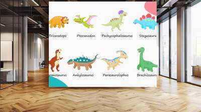 Set of cute 8 dinosaurs for children and kids. Flat design cartoon vector illustration style. Wall mural