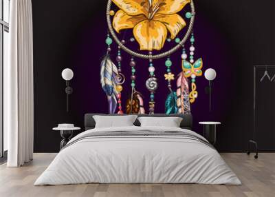 Hand drawn ornate Dreamcatcher with feathers, jewels, colorful gemstones and lily flower on black background. Wall mural