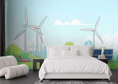 Exploring Renewable Energy Wind Turbines and Solar Panels in a Green Landscape Wall mural