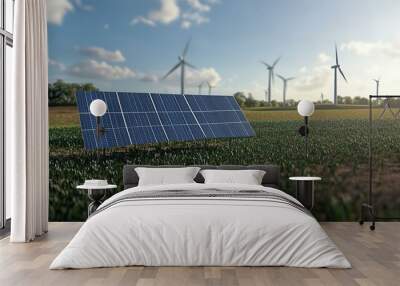 Harnessing Renewable Energy Solar Panels and Wind Turbines in a Sustainable Landscape Wall mural