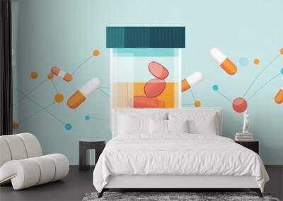 Colorful illustration of a medicine jar with capsules, depicting health and wellness in a modern style. Wall mural