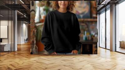 Biracial young woman wearing black crewneck sweater at an art gallery cafe Wall mural