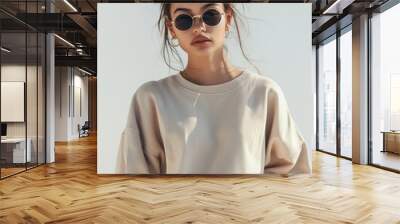 Urban street scene look, tan sand color oversize sweater mockup Wall mural