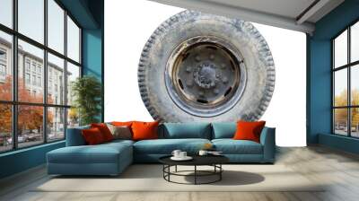 Side view of single big old dirty wheel isolated on white background with clipping path Wall mural