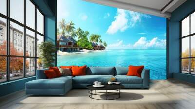 A beautiful beach with palm trees and a clear blue ocean Wall mural