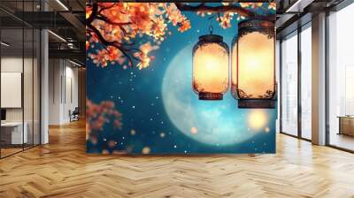 A beautiful scene of a moonlit night with two lanterns hanging from a tree Wall mural