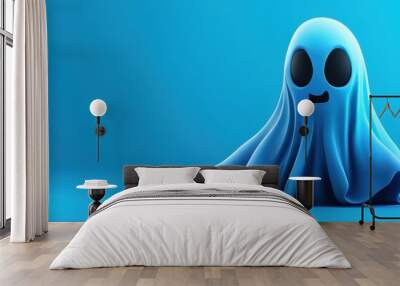 A blue ghost with a smile on its face is sitting on a blue background Wall mural