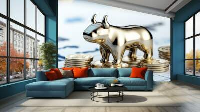 A bull statue sits on top of a pile of gold coins Wall mural