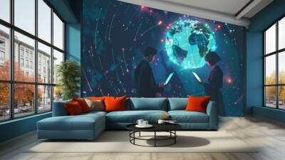 A businessman and woman in suits stand against the background of digital technology, global networks, and big data visualizations. The world map is visible on the top left side of the composition. A l Wall mural