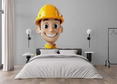 A cartoon man in a yellow shirt and a hard hat is smiling Wall mural