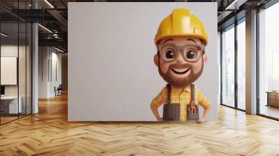 A cartoon man with a yellow hard hat and glasses is smiling Wall mural