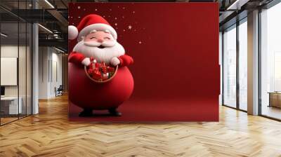 A cartoonish Santa Claus holding a basket of presents Wall mural