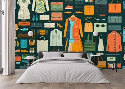 A colorful array of clothing and accessories, including handbags and shoes Wall mural