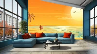 A couple walking on a beach with palm trees in the background Wall mural