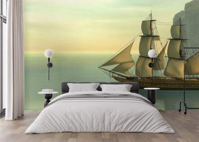 A large ship sails in the ocean with a rocky shoreline in the background Wall mural