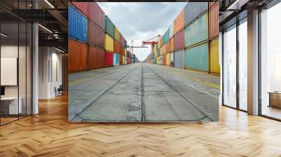 A long row of colorful shipping containers are lined up in a warehouse Wall mural