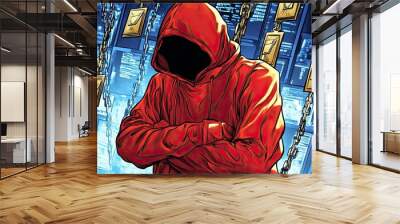 A man in a red hoodie is surrounded by chains and gold coins Wall mural