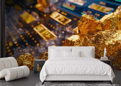 A pile of gold rocks is shown next to a computer screen Wall mural