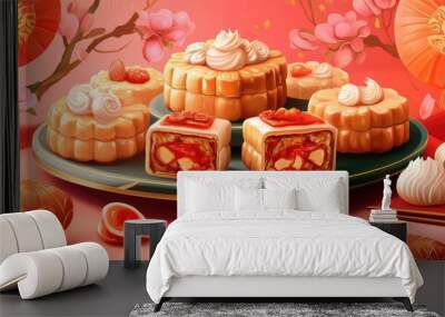 A plate of pastries with a pink background and a red and white umbrella Wall mural