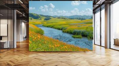 A river runs through a field of flowers Wall mural