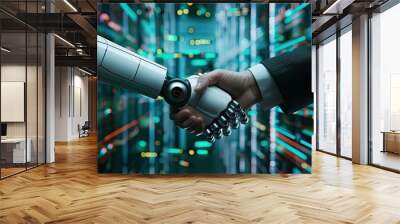 A robot hand shakes a human hand in a futuristic setting Wall mural