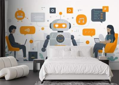 A robot is sitting between two people, one of whom is typing on a laptop. The robot is surrounded by various objects, including a suitcase and a handbag. Concept of technology and innovation Wall mural