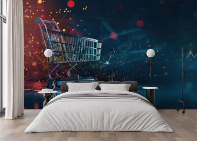 A shopping cart is shown in a blurry, colorful background Wall mural