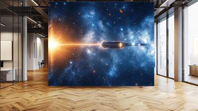 A spaceship is flying through space with a bright star in the background Wall mural