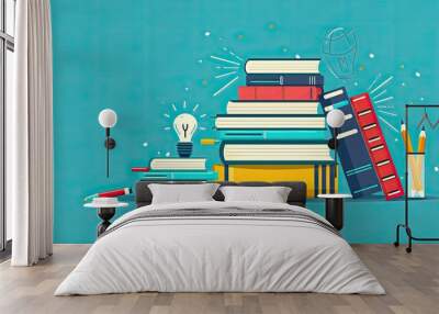 A stack of books with a light bulb on top Wall mural