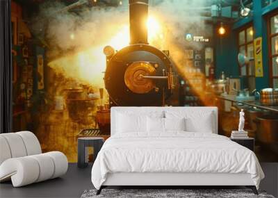 A steamy kitchen with a large black steam engine in the center Wall mural