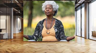 A woman is sitting in a field and meditating Wall mural