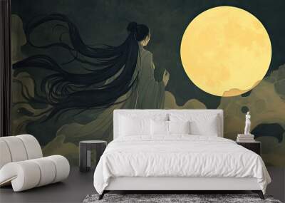 A woman with long hair is walking towards a large yellow moon Wall mural