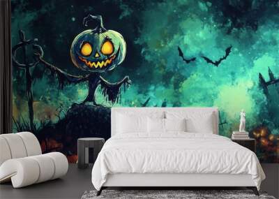 Halloween A Halloween themed painting of a pumpkin with a scary face and a bat Wall mural