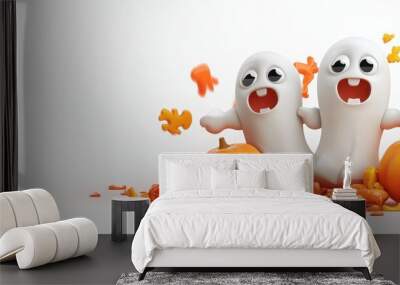 Halloween themed poster with two ghosts and three pumpkins Wall mural