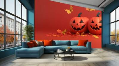 Two pumpkins with smiling faces on a red background Wall mural