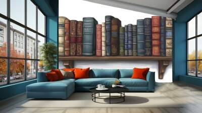 A beautifully arranged shelf displays a collection of vintage leather-bound books, showcasing intricate gold detailing. Wall mural