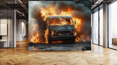 A burning truck engulfed in flames, surrounded by thick smoke, conveying a sense of chaos and destruction. Wall mural