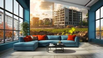 A bustling construction site with modern buildings under development, bathed in golden sunlight during sunset. Wall mural