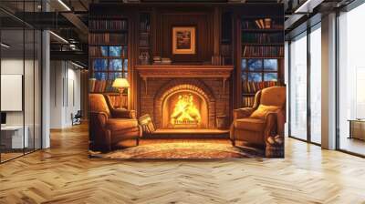 A cozy library with warm lighting, two armchairs, and a glowing fireplace, creating a serene reading atmosphere. Wall mural