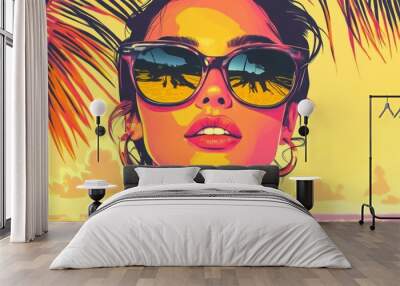 A fashionable young woman with dark hair and sunglasses poses against a vibrant tropical sunset. Wall mural