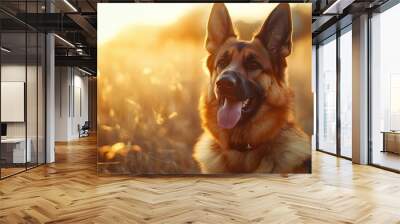 A happy German Shepherd sitting in a sunlit golden field during sunset. Wall mural