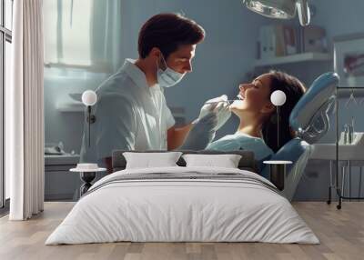 A male dentist, focused and professional, examines a young female patient's teeth in a modern dental clinic. Wall mural