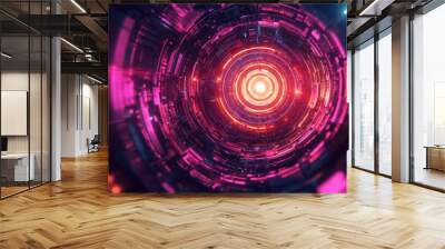 A mesmerizing abstract digital vortex in vibrant pink and orange hues, evoking a sense of depth and motion. Wall mural