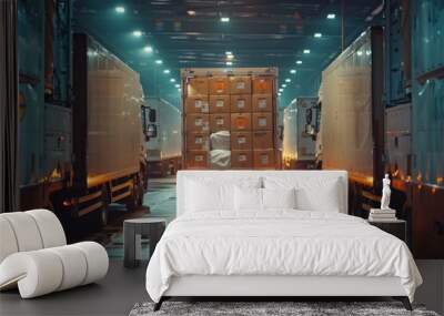 A rear view of a truck loaded with boxes, illuminated by soft warehouse lights, creating a moody atmosphere. Wall mural