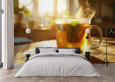 A steaming cup of herbal tea with fresh mint leaves, illuminated by warm sunlight in a cozy setting. Wall mural