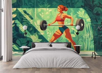 A strong young woman of Hispanic descent lifts a barbell in a vibrant, tropical gym setting, showcasing strength and determination. Wall mural