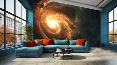 A stunning depiction of a spiral galaxy with brilliant orange and yellow hues against a backdrop of deep space, highlighting cosmic beauty. Wall mural