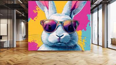 A stylish white rabbit wearing vibrant sunglasses against a colorful splash background. Wall mural