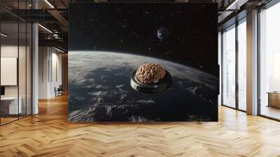 A surreal image of a brain floating above Earth, representing intelligence and exploration in space. Wall mural